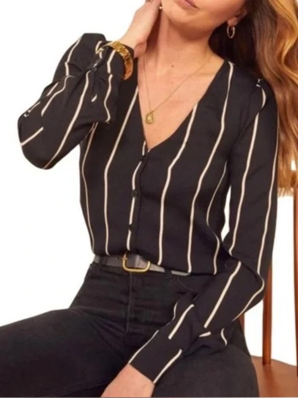 Reformation Blue and White Striped Women's Long Sleeve Blouse